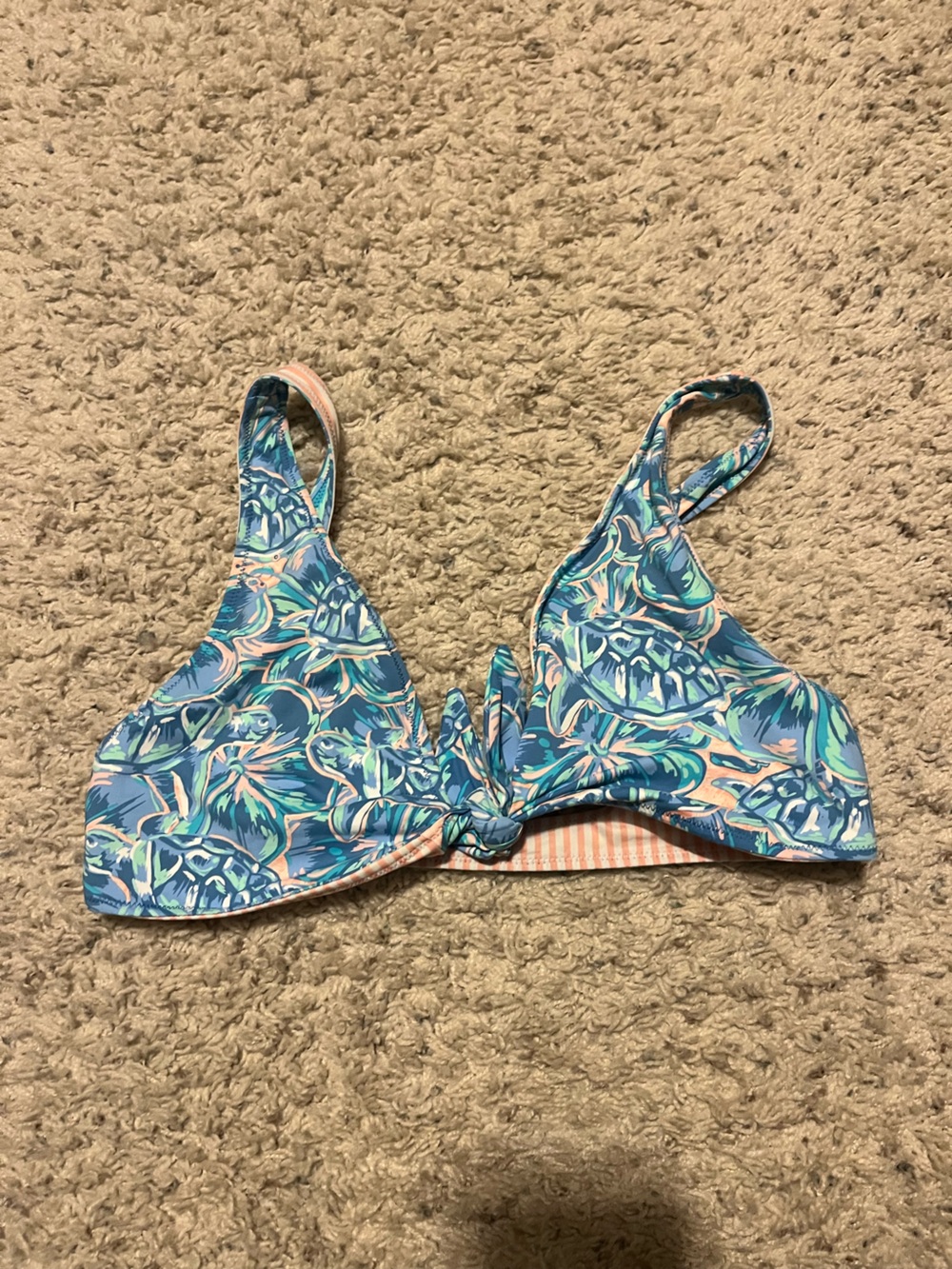 Vineyard Vines Blue Floral Bikini Top with Pink Stripes